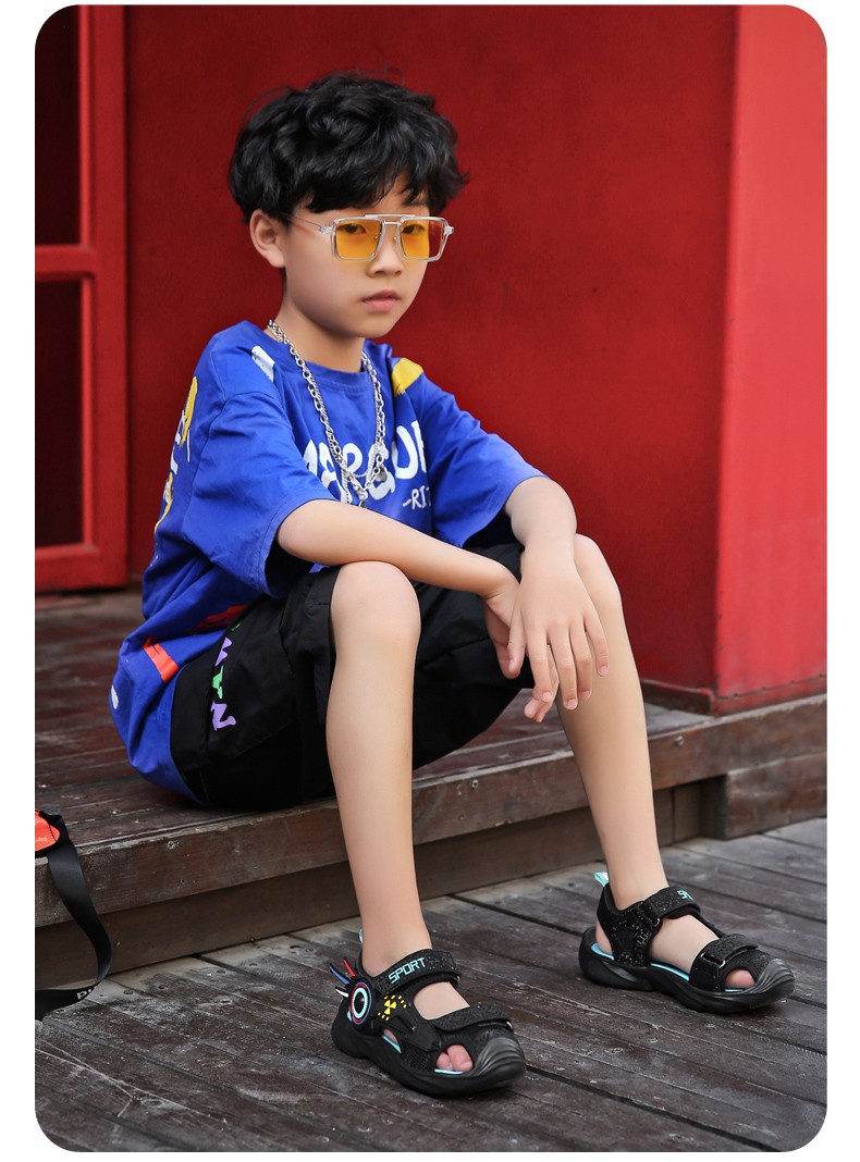 男童包头沙滩鞋小学生软底57911岁男孩包头儿童凉鞋黑红36码内长23cm