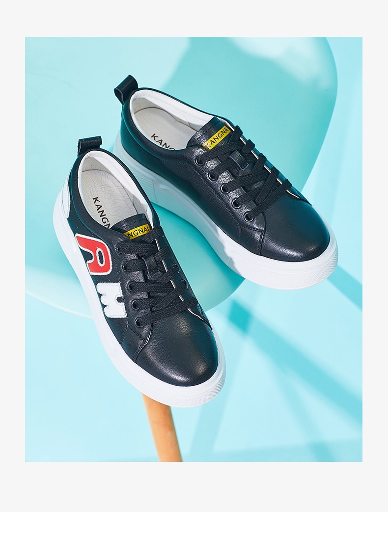 康奈休闲鞋春季新款圆头系带小白鞋女时尚拼色潮流休闲平底舒适简约