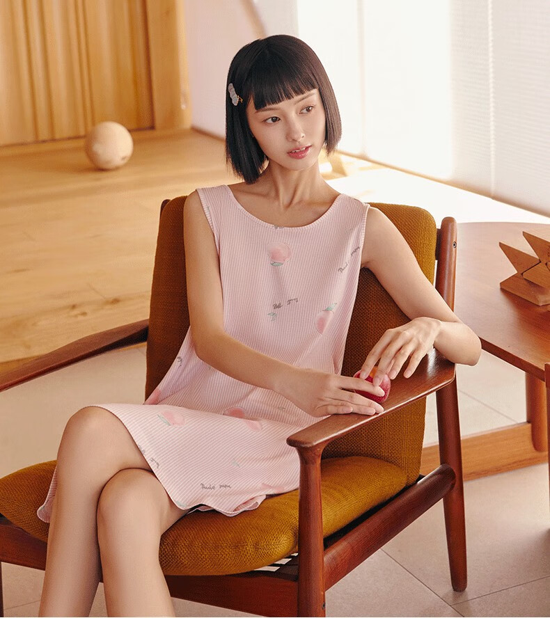 三枪睡裙女夏 无袖纯棉睡衣露肩女士水柔棉可爱背心家居裙夏季 藏皇冠