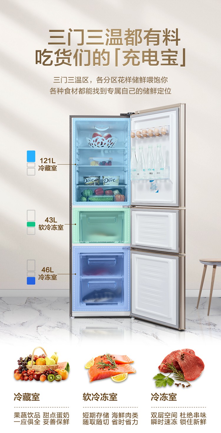 美菱210升 bcd-210l3cx 三门三温小型电冰箱家用租房宿舍 节能静音