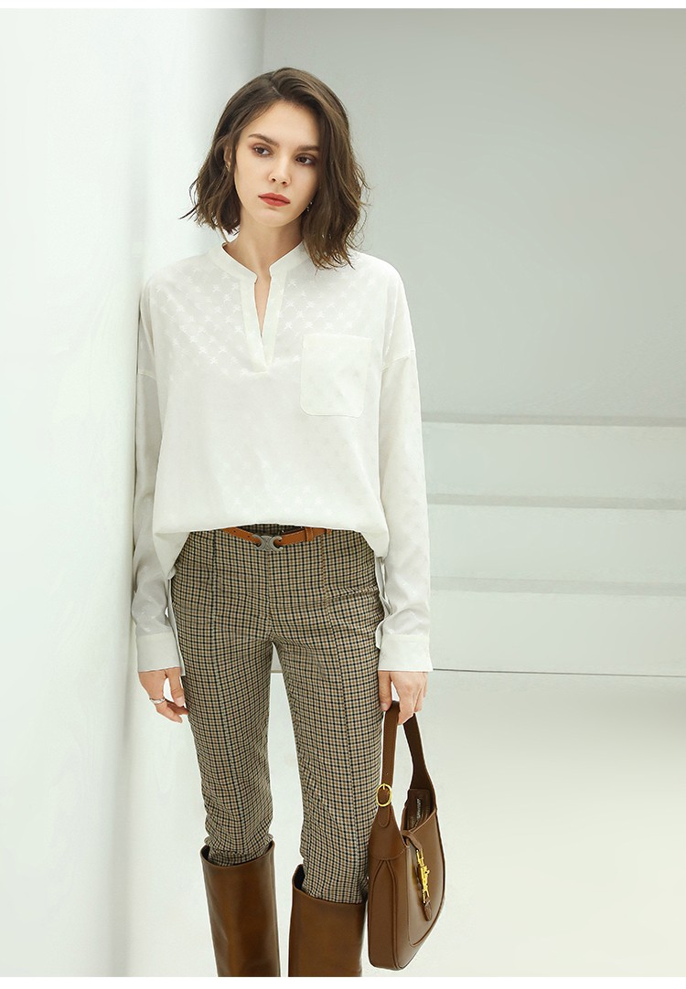 cocobella暗纹提花半开领白色衬衫女通勤ol纯色长袖衬衣sr48白色m