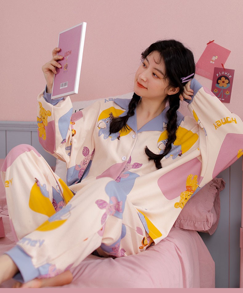 南极人睡衣女棉质舒适翻领长袖薄款可外穿甜美少女家居服bqa89821xl