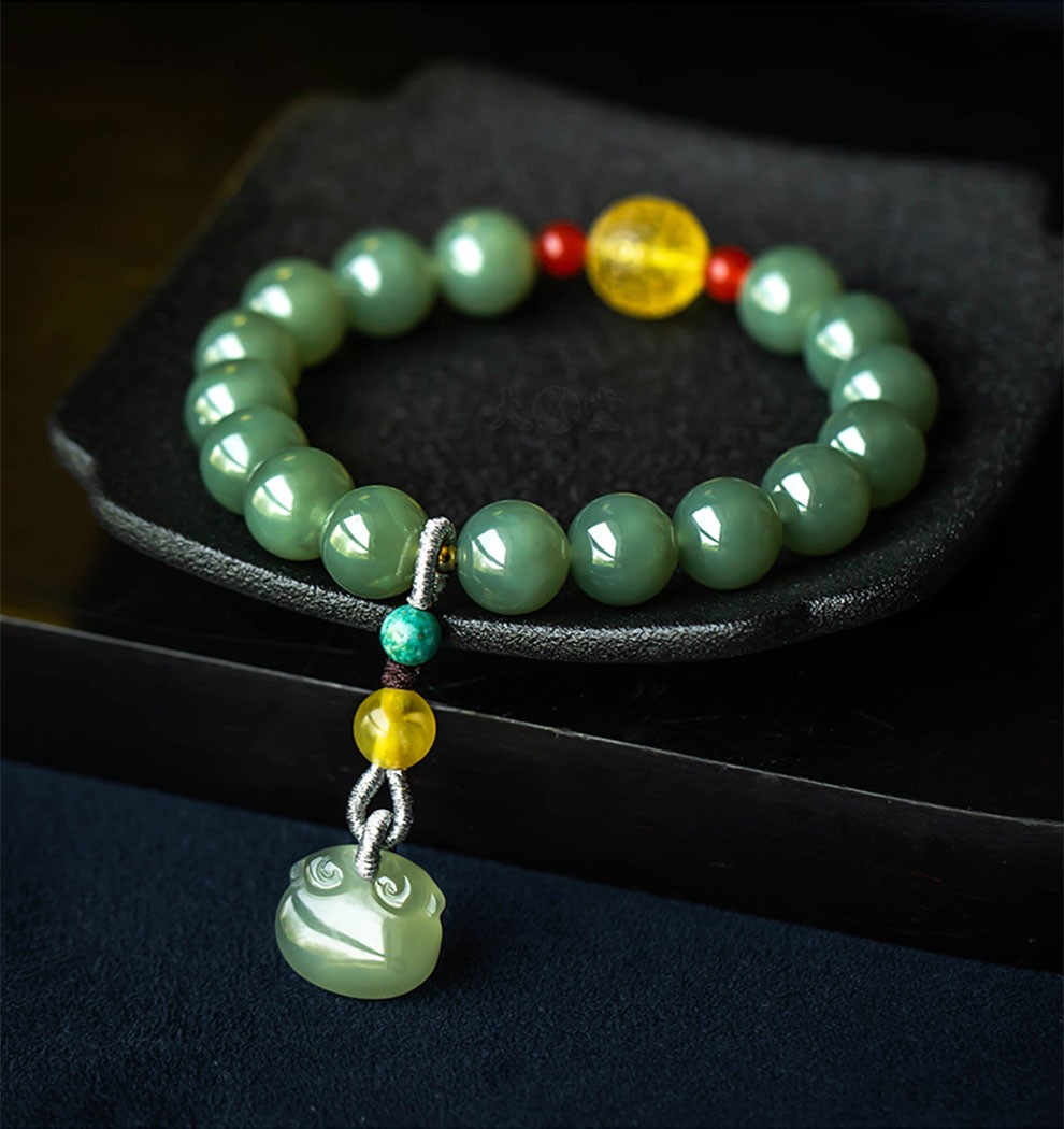 翡舞 天然和田玉手串 青玉佛珠手串 单圈圆珠民族风如意手链带证书