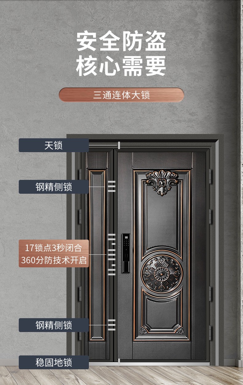尧盾防盗门 智能防盗门安全门奢华仿铜进户门入户门家用防撬门 1180*