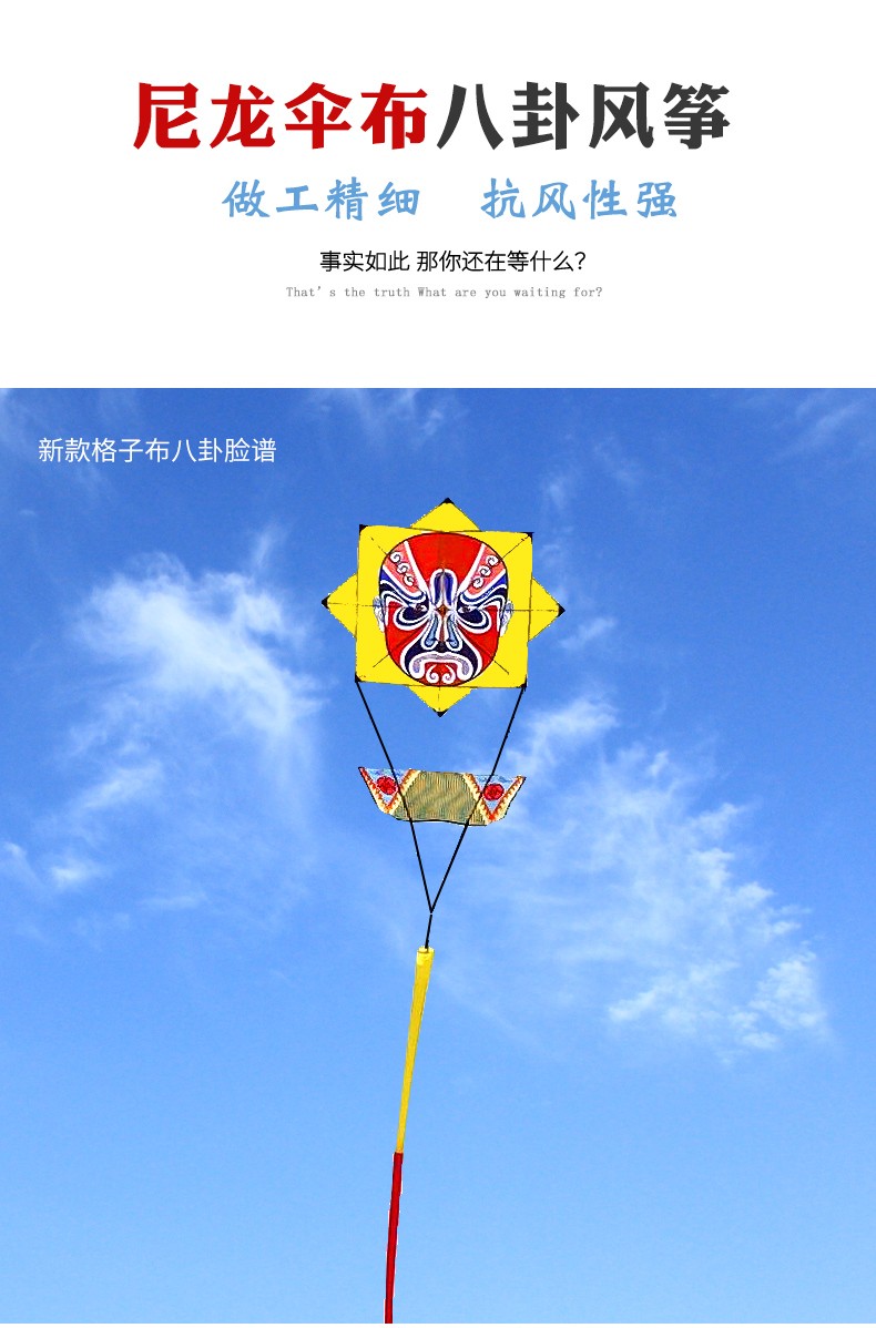 潍坊风筝伞布八卦风筝抗大风成人风筝长尾14米八卦脸谱树脂杆