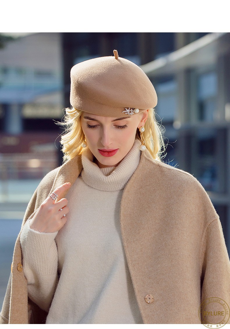 bylure品牌贝雷帽女秋冬新款英伦复古风时尚毛呢无檐圆顶帽子深咖色m