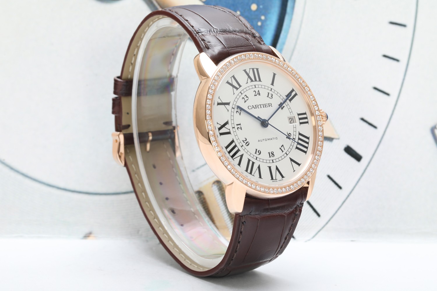 二手95新卡地亚w670100942mm表径18k玫瑰金后镶钻自动机械男士腕表