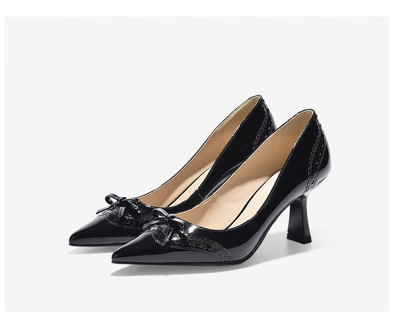 elle仙女风布洛克镂空皮鞋女2021春季新款优雅蝴蝶结性感高跟鞋米白色