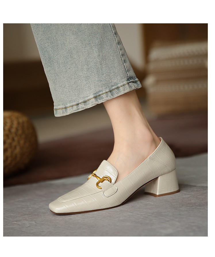 百丽佳嘉品牌奢侈女鞋深口单鞋女方头粗跟套脚懒人鞋新款中跟牛皮乐福