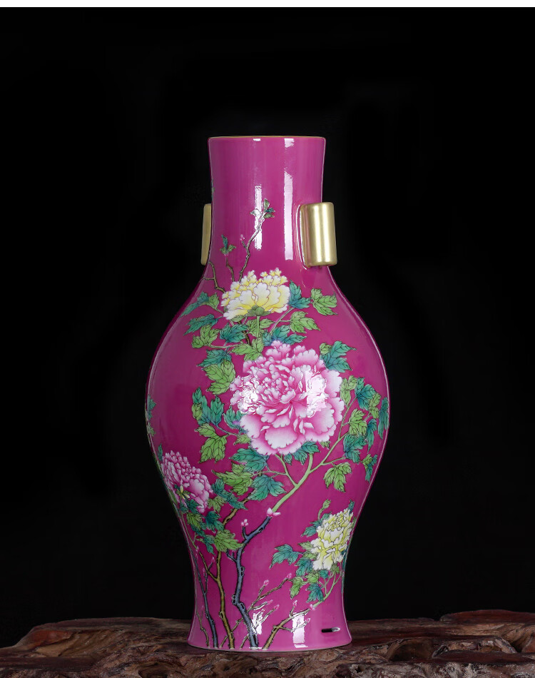 周胜堂手绘富贵牡丹双耳花瓶景德镇陶瓷器客厅现代工艺品插花器摆件
