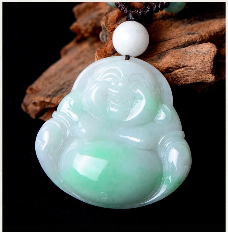 珑翠福翡翠a货阳绿玉佛吊坠白底青阳绿细糯冰种弥勒佛玉坠女款送女