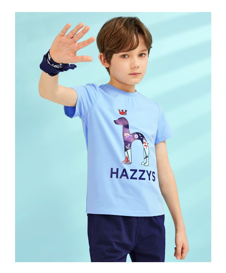 hazzys品牌哈吉斯童装男女童t恤夏季中大童纯色大logo短袖圆领衫本白