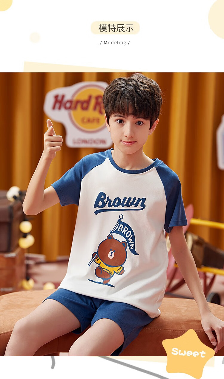 南极人儿童睡衣男夏季薄款男童睡衣纯棉短袖学生中大童装圆领可外穿