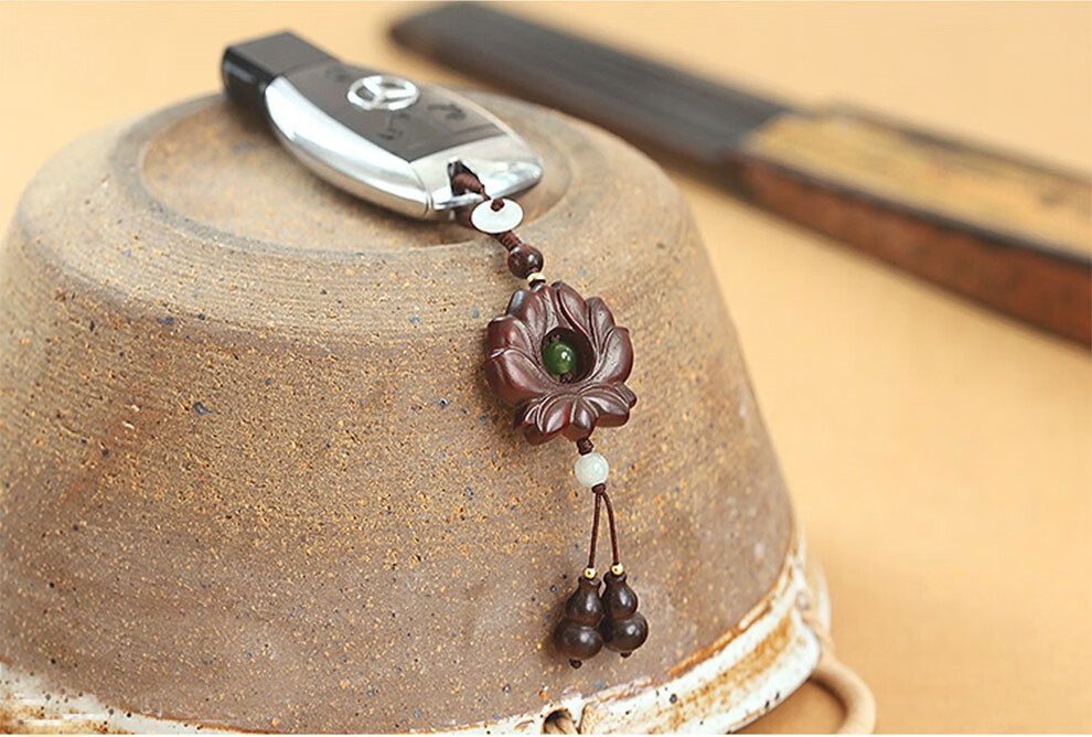 玉之舞天然印度小叶紫檀莲花钥匙挂平安钥匙链紫檀佛珠挂饰品生日礼物