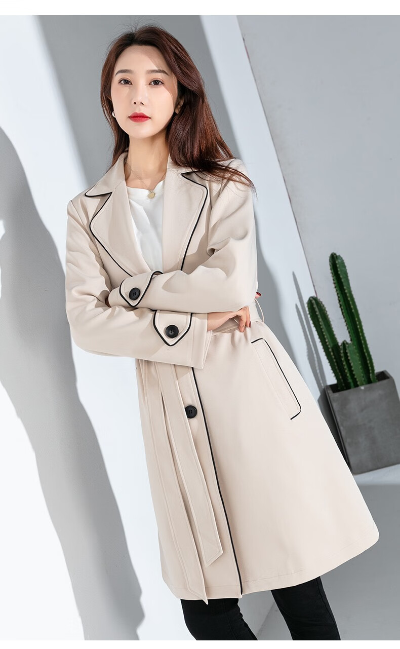 罗蒙女士风衣春季新款宽松单排扣外套时尚休闲中长款大衣卡其160