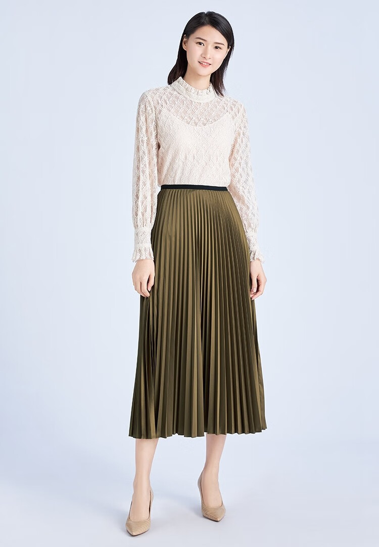 哥弟女装2021夏装新款松紧腰色丁中长款百褶裙高腰半身裙女8200045 黑