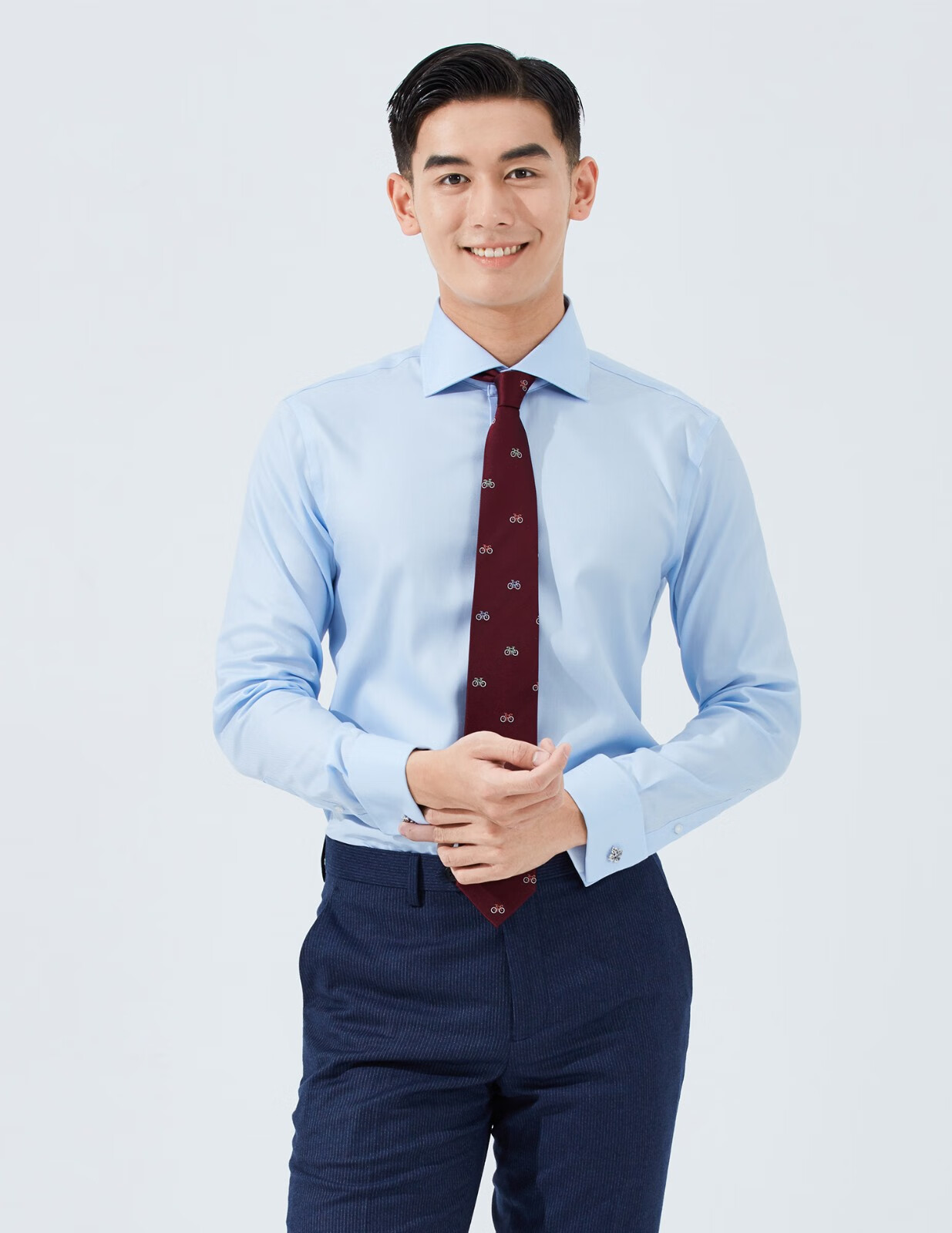 hany法式衬衫男士长袖潮流商务时尚蓝色衬衣上班青年新款男 科莫淡蓝