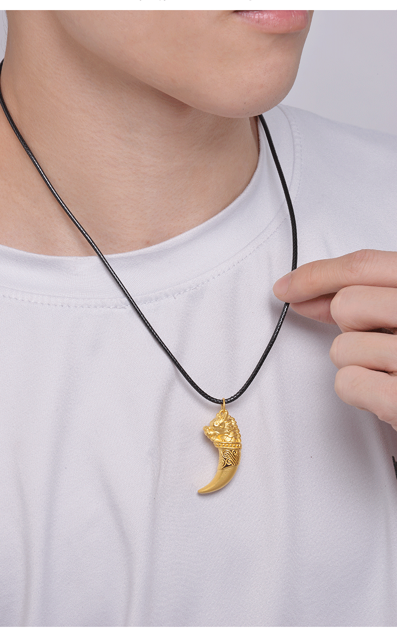 顺丰速运欧颜黄金狼牙吊坠男款足金男士项链挂坠复古酷潮狼牙项链个性