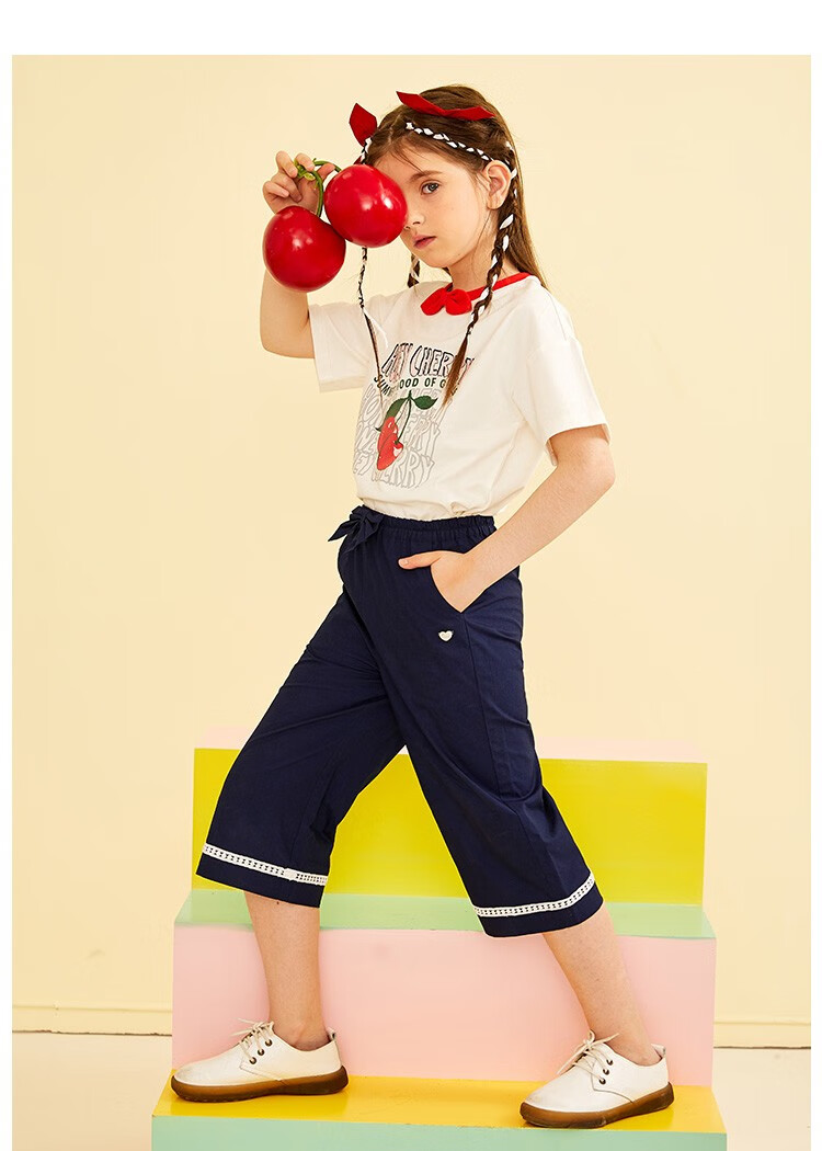 水孩儿童装女童七分裤儿短裤全棉吸汗休闲裤夏新款中大童女时尚简约七