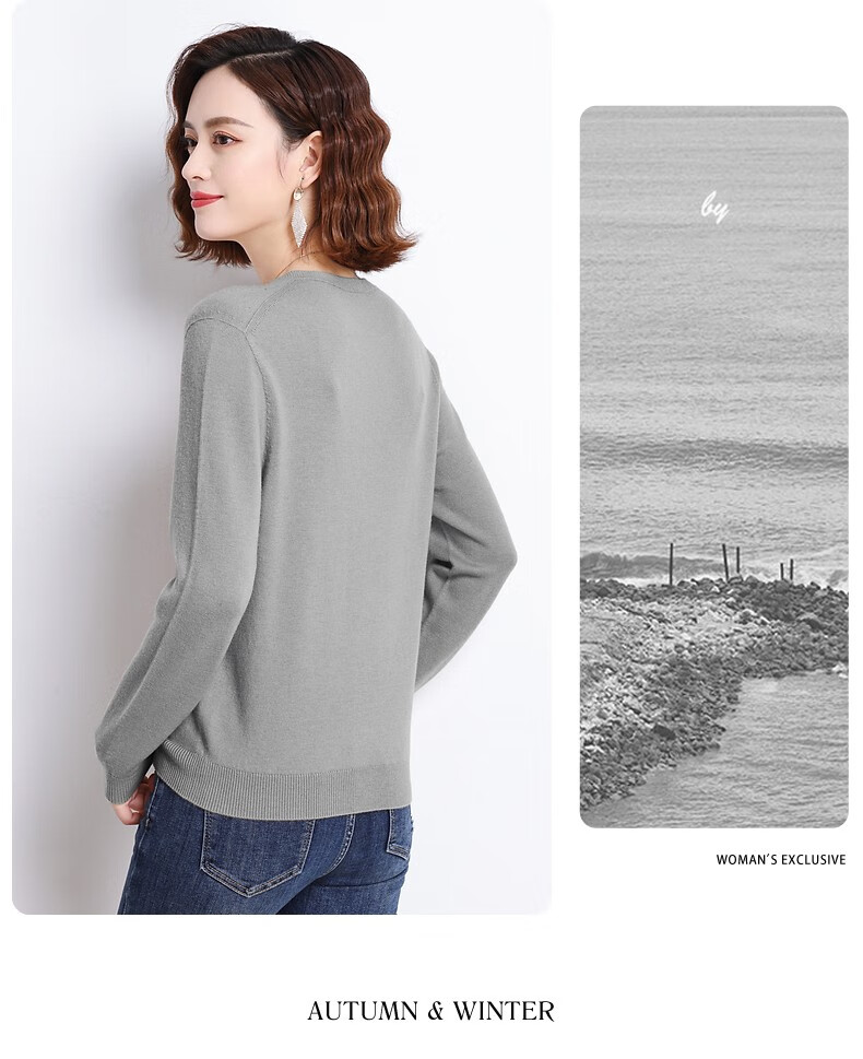 Hengyuanxiang 100% Pure Wool Sweater for Women, V-Neck Loose Base Layer, Autumn And Winter Warm Fashion Knit Sweater, Women's Top 23