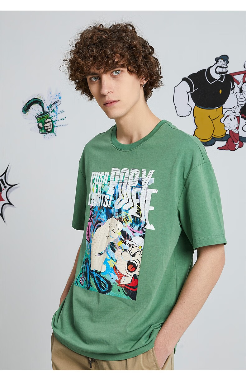 popeye大力水手联名男纯棉透气t恤衫21年春季新款樱花粉时尚短袖运动