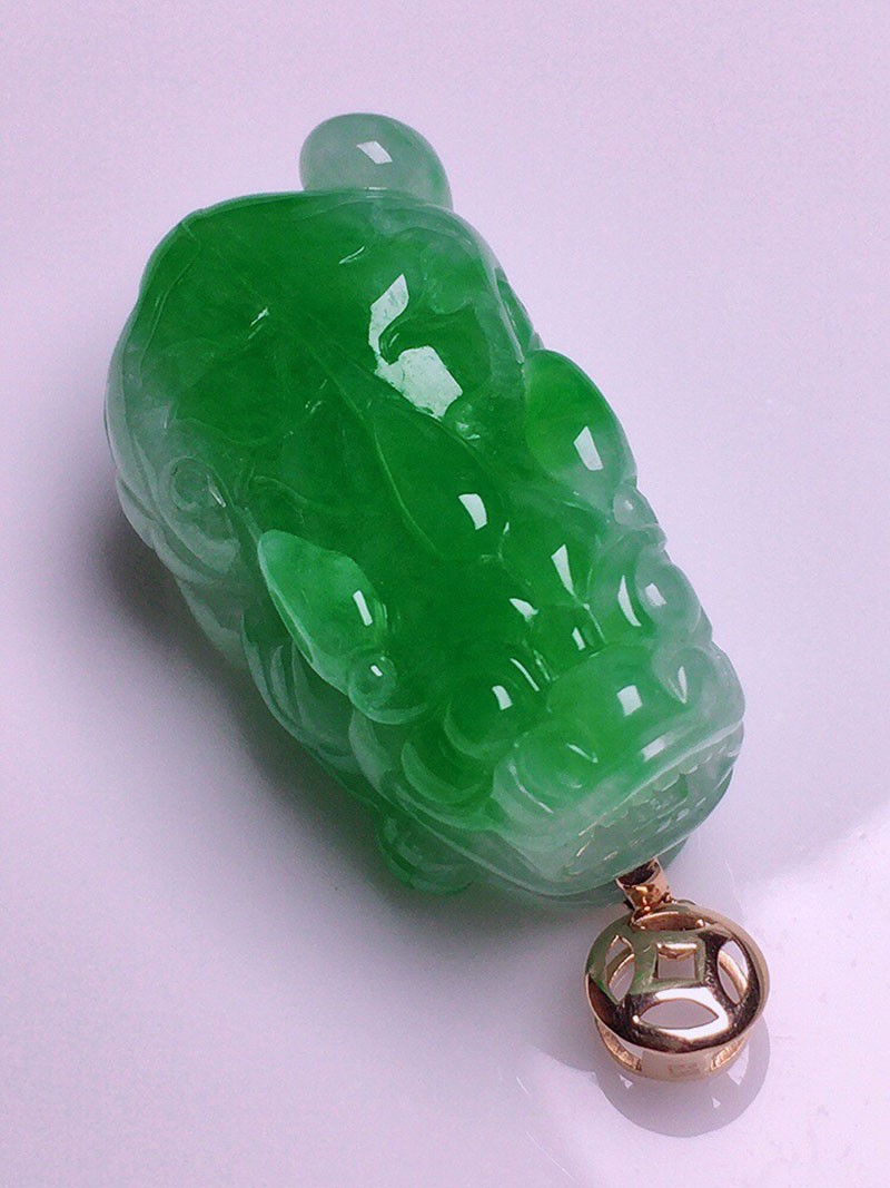 源头翡翠 翡翠阳绿貔貅吊坠18k金镶钻缅甸天然翡翠玉石挂件珠宝首饰