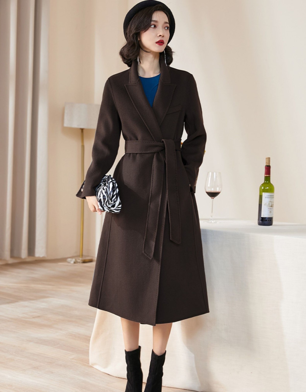 路易收腰系带纯羊毛呢大衣女2020年冬装新款时尚中长款外套女 咖啡色