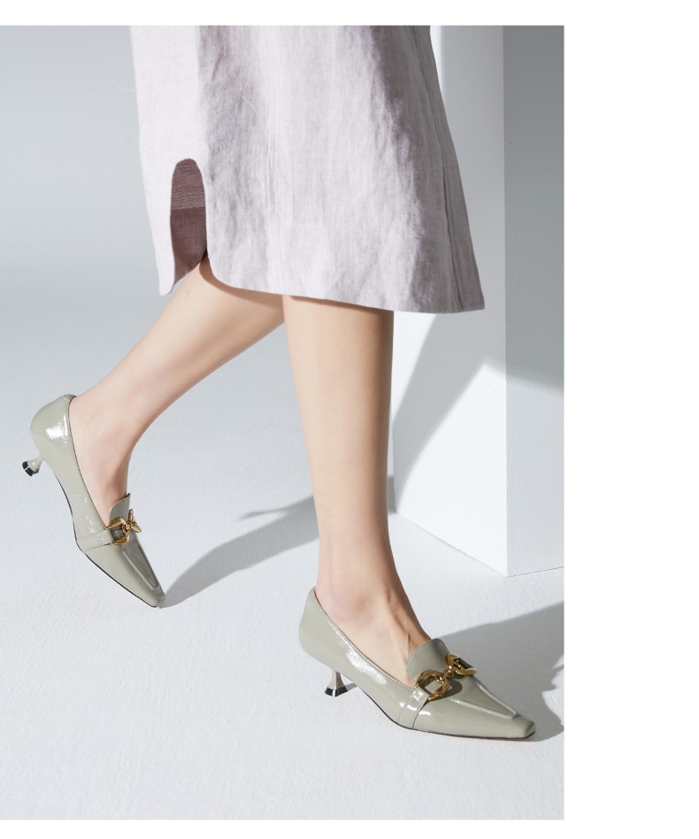 73hours女鞋高跟鞋舒适单鞋女金属马衔扣方头中跟通勤人2022春款米白