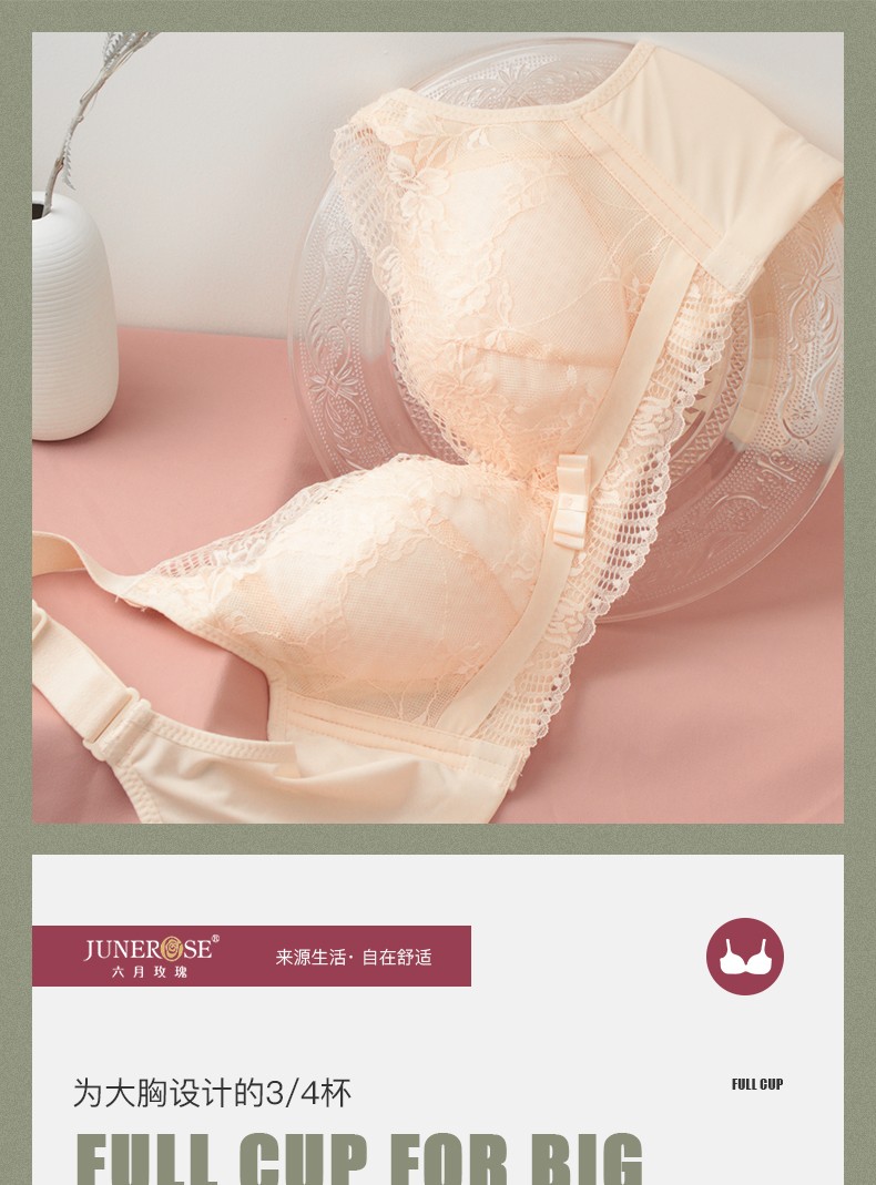 六月玫瑰新品无钢圈内衣女薄款大胸显小轻薄透气聚拢蕾丝调整型文胸