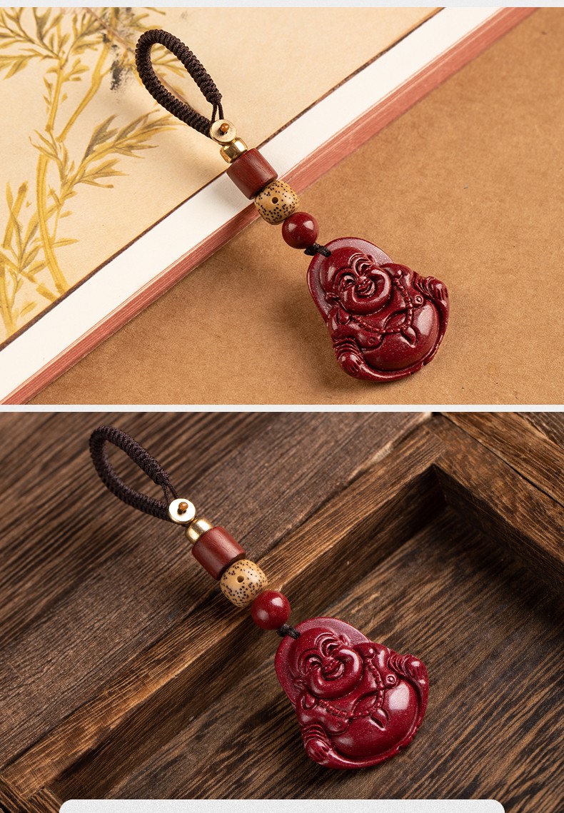 梵下紫朱砂汽车钥匙扣挂件大肚弥勒笑佛牌吊坠挂饰佛像红色挂饰转运送