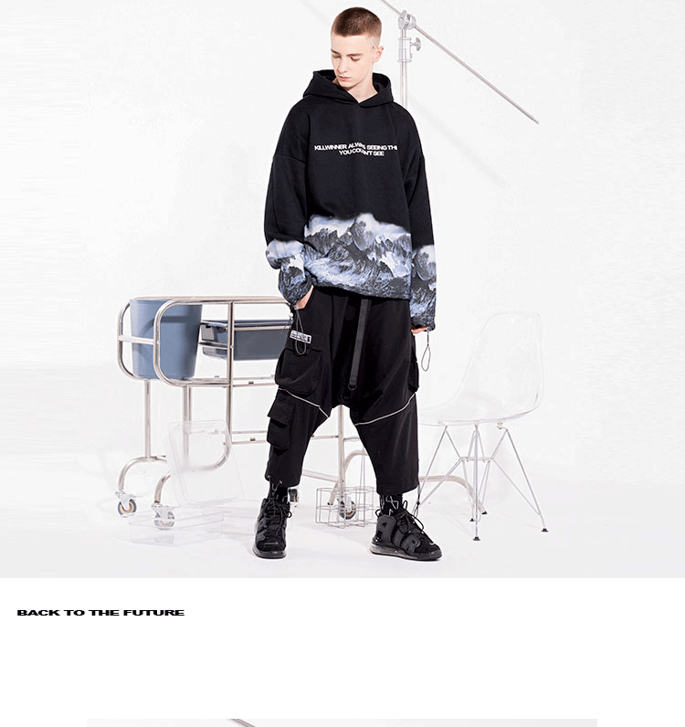 回到未来雪山印花卫衣男潮牌男女情侣装帽衫上衣ins春季国潮黑色l