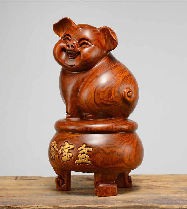 龙美佳花梨木雕猪摆件红木聚宝盆十二生肖福猪实木质创意可爱时尚桌面