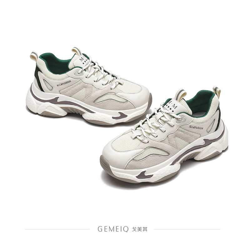 戈美其老爹鞋女2021春季新款厚底松糕增高拼色休闲运动鞋女 米色