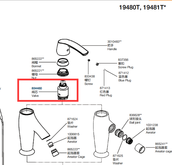 科勒面盆龙头阀芯恒温花洒陶瓷片阀门冷热龙头开关834460 科勒单把