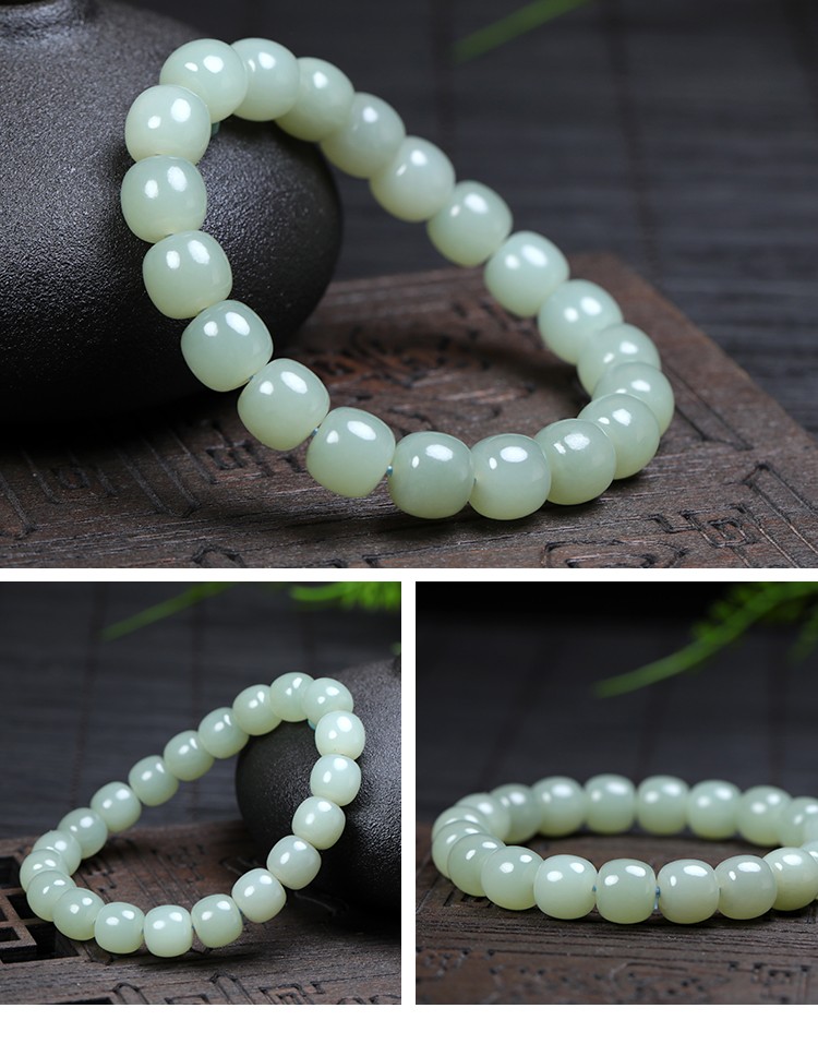 美脂润 和田玉手串 白玉浅青糖料玉手链单圈桶珠老型珠约10mm玉石串珠