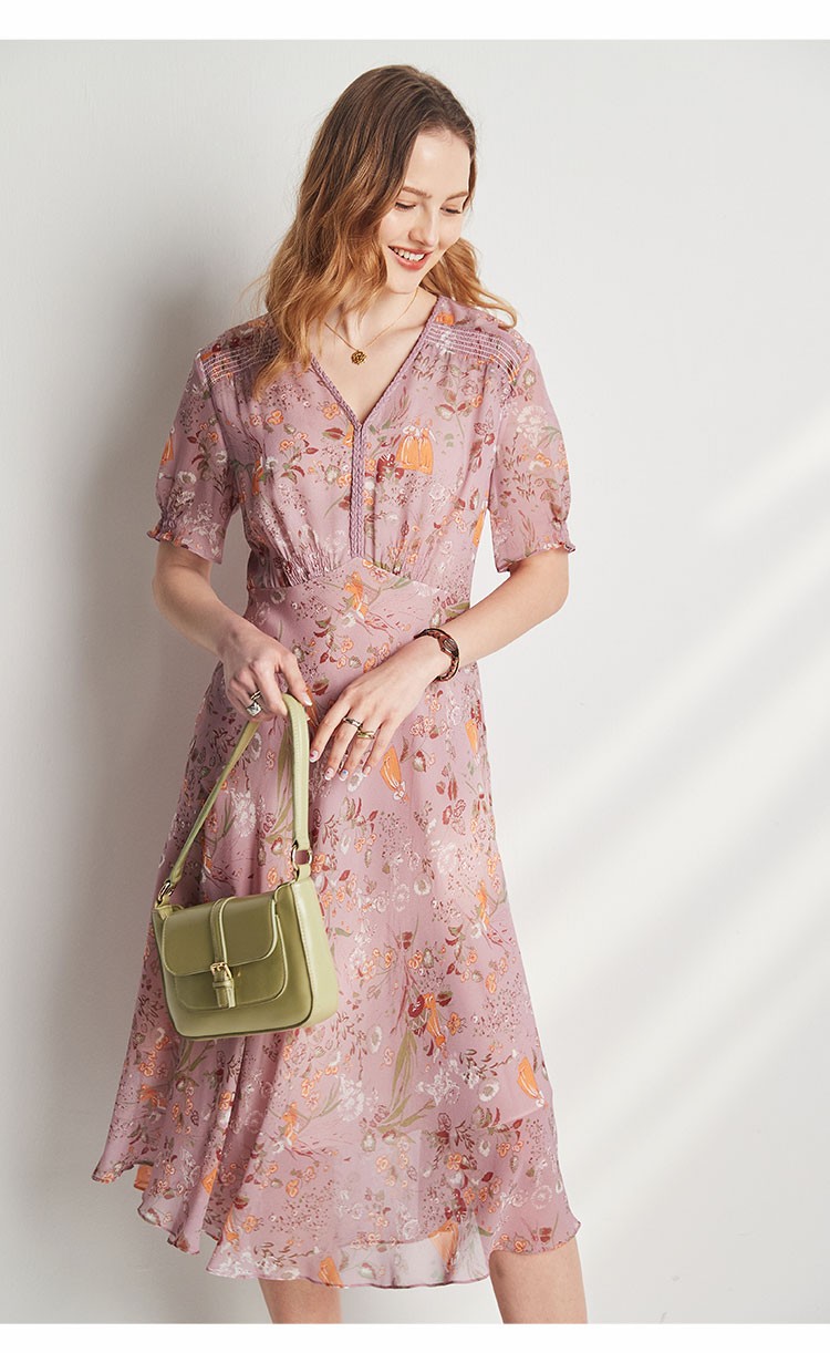 帕罗连衣裙真丝女100桑蚕丝v领碎花蕾丝裙多色甜美中长裙es2507l蓝色