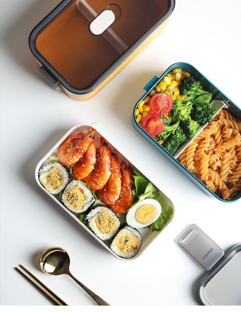 日式饭盒方便携带上班族微波炉加热便当盒分隔型学生餐盒套装便携绿色