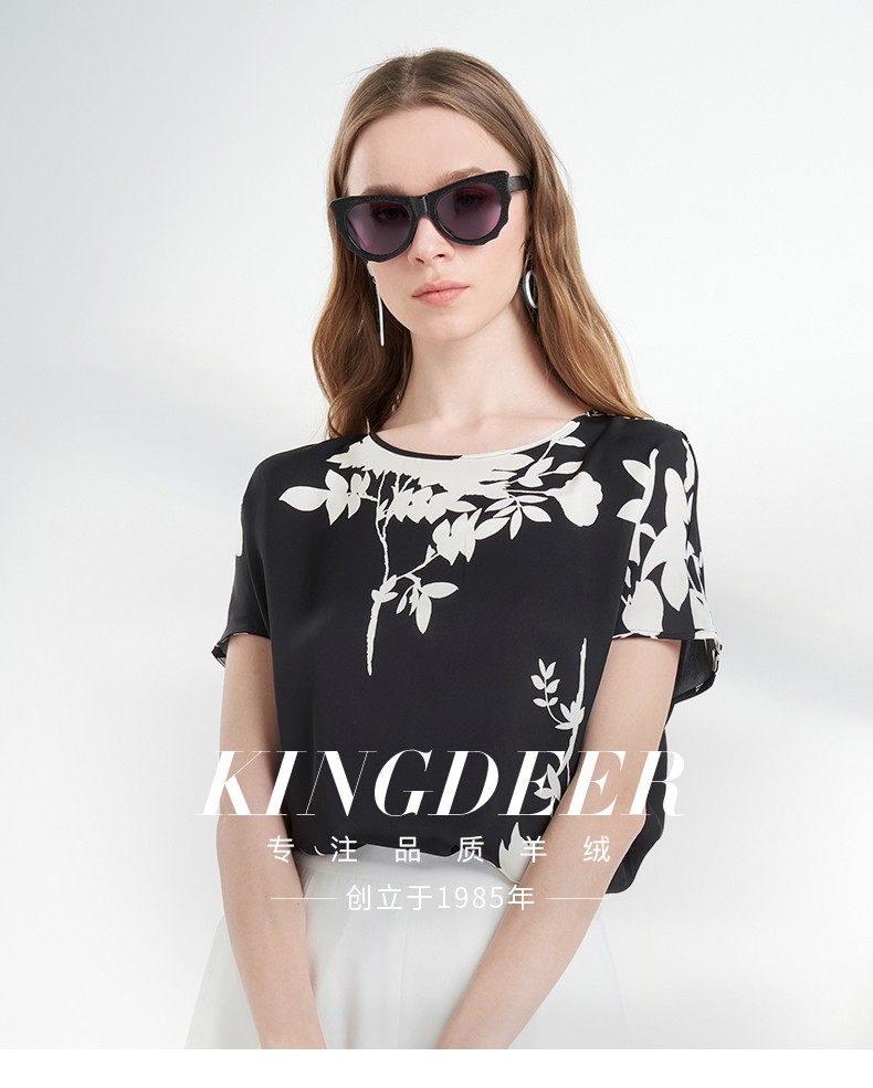 商场同款鹿王短袖t恤女真丝梭织桑蚕丝圆领妈妈半袖多色可选春夏新款