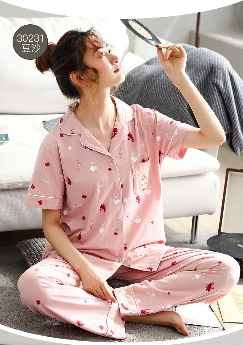 芬豚 睡衣女夏季开衫纯棉薄款短袖长裤套装全棉加大码新品女士家居服