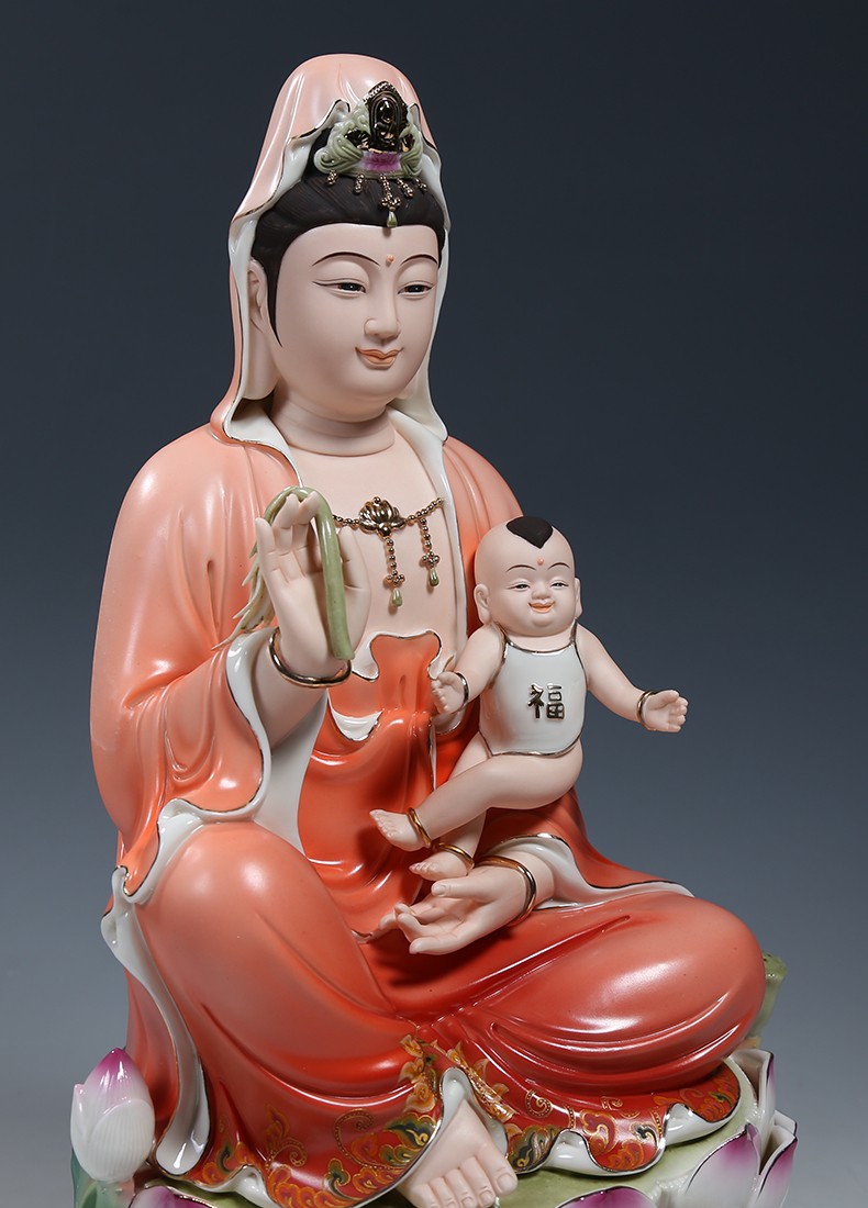 微美10至16吋水莲送子观音佛像供奉观世音菩萨家用佛堂陶瓷摆件白衣