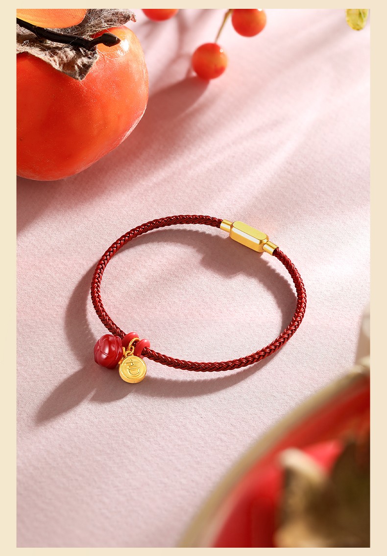 周六福黄金转运珠5d硬金万柿如意红绳手链女一款两戴不含链定价柿柿