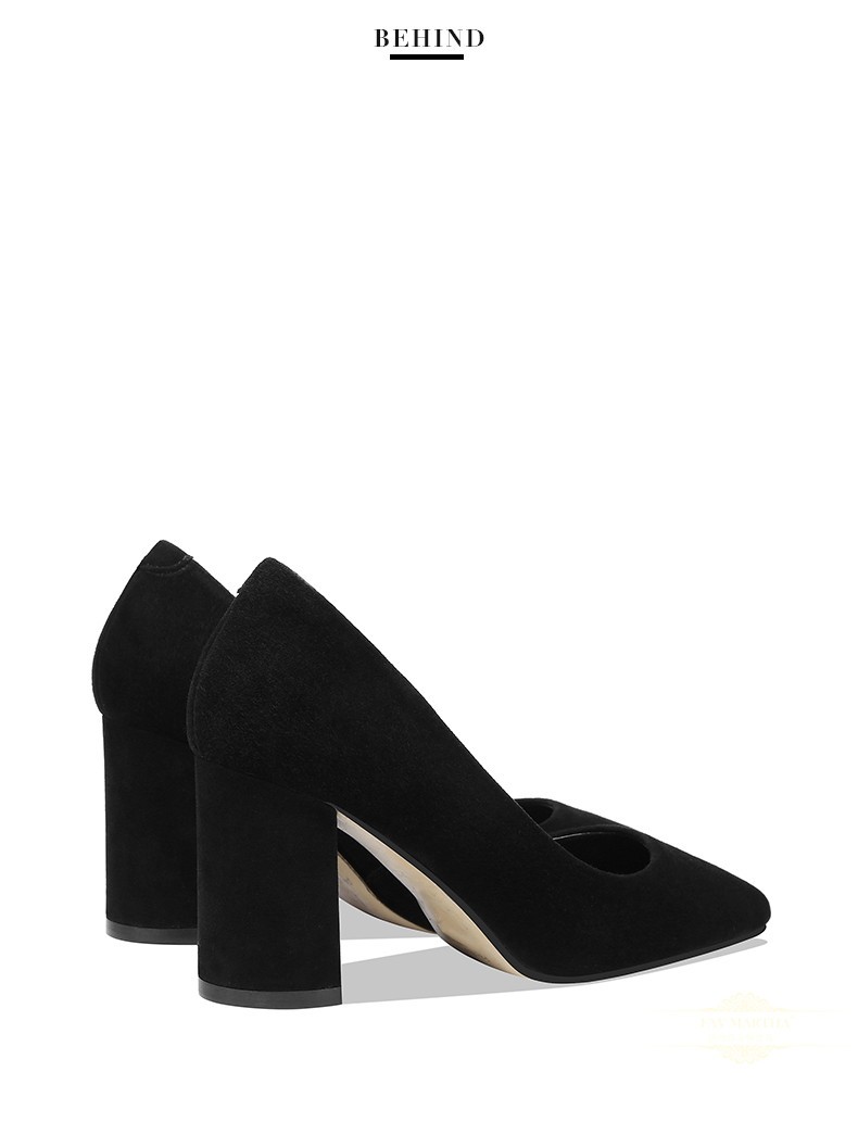 法玛莎品牌2021年新款秋季黑色单鞋女浅口高跟鞋粗跟尖头小码女鞋工作