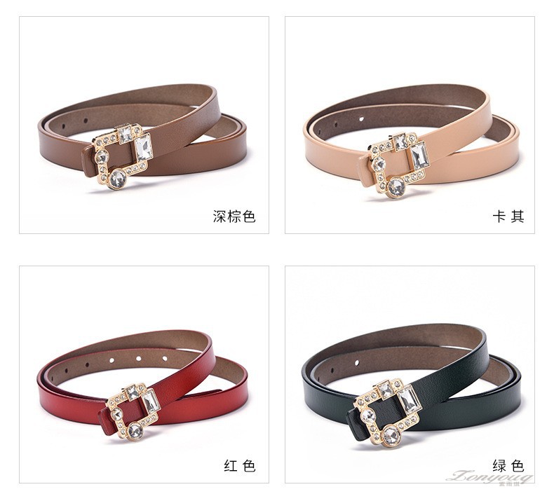 zonyouq品牌真皮皮带女潮流时尚水晶方扣设计修身百搭款女生腰带棕色