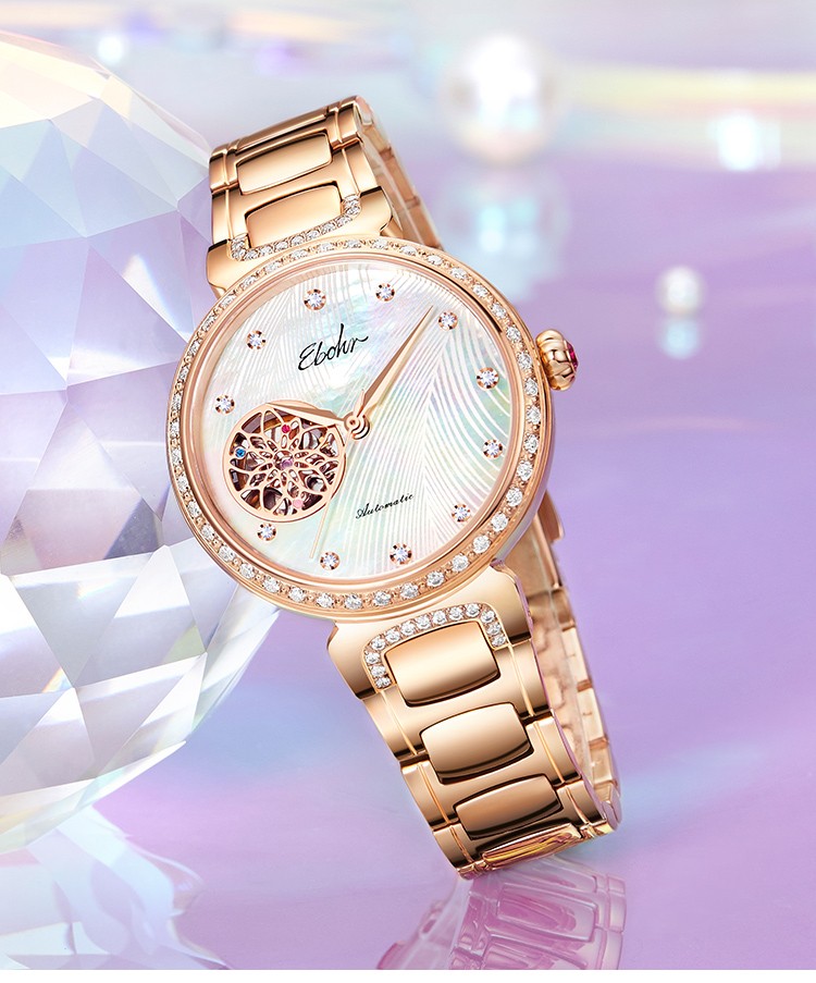 白条免息依波表ebohr手表女士自动机械表镂空时尚超薄陶瓷女表防水