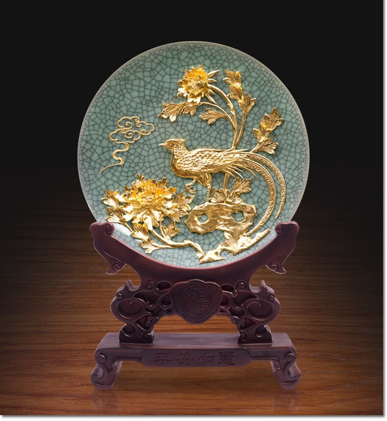 大言山前程似锦哥窑盘摆件厦门漆线雕工艺品新居乔迁公司开业贺喜定制