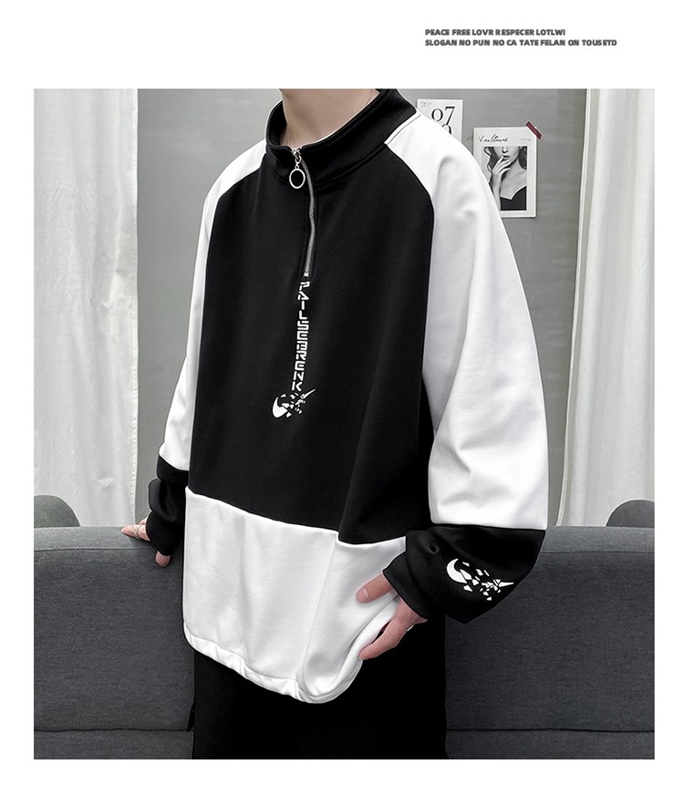 半拉链卫衣男春秋季2021新款无帽套头上衣服港风潮牌宽松立领青少年