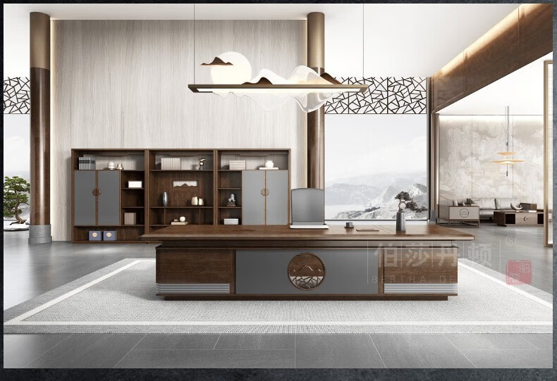 伯莎丹顿 实木老板桌新中式乌金木大班台定制家具简约轻奢高档总裁桌