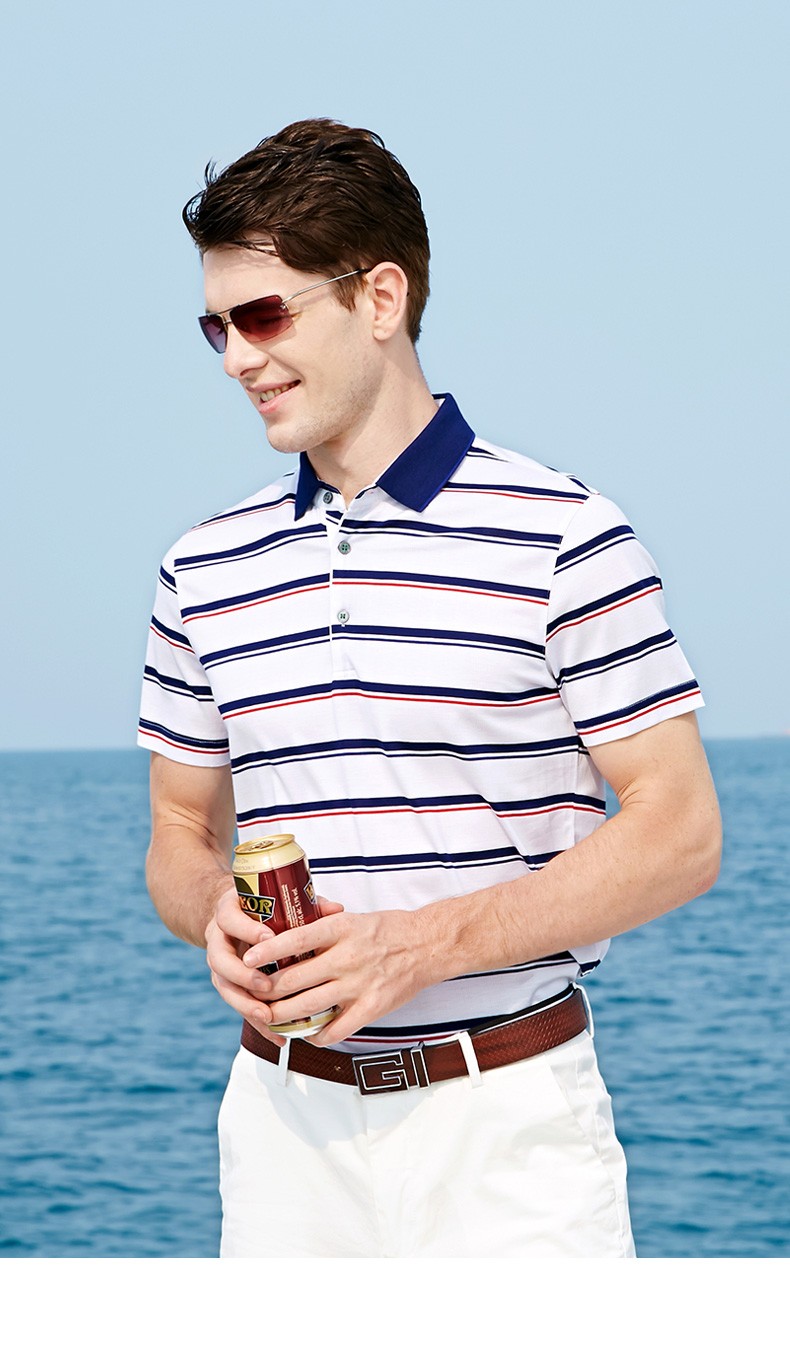 noveli蓝威龙含桑蚕丝短袖t恤男翻领夏季新款时尚条纹商务休闲冰丝