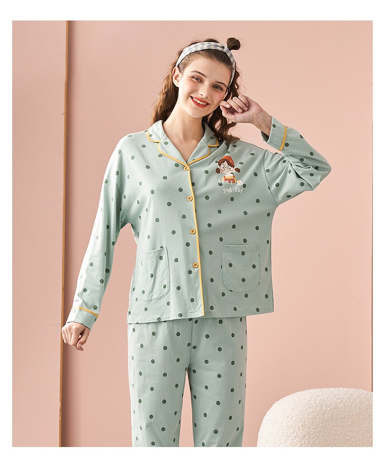 秋鹿睡衣女春秋长袖薄款波点印花可爱卡通纯棉开衫家居服套装橡皮粉8