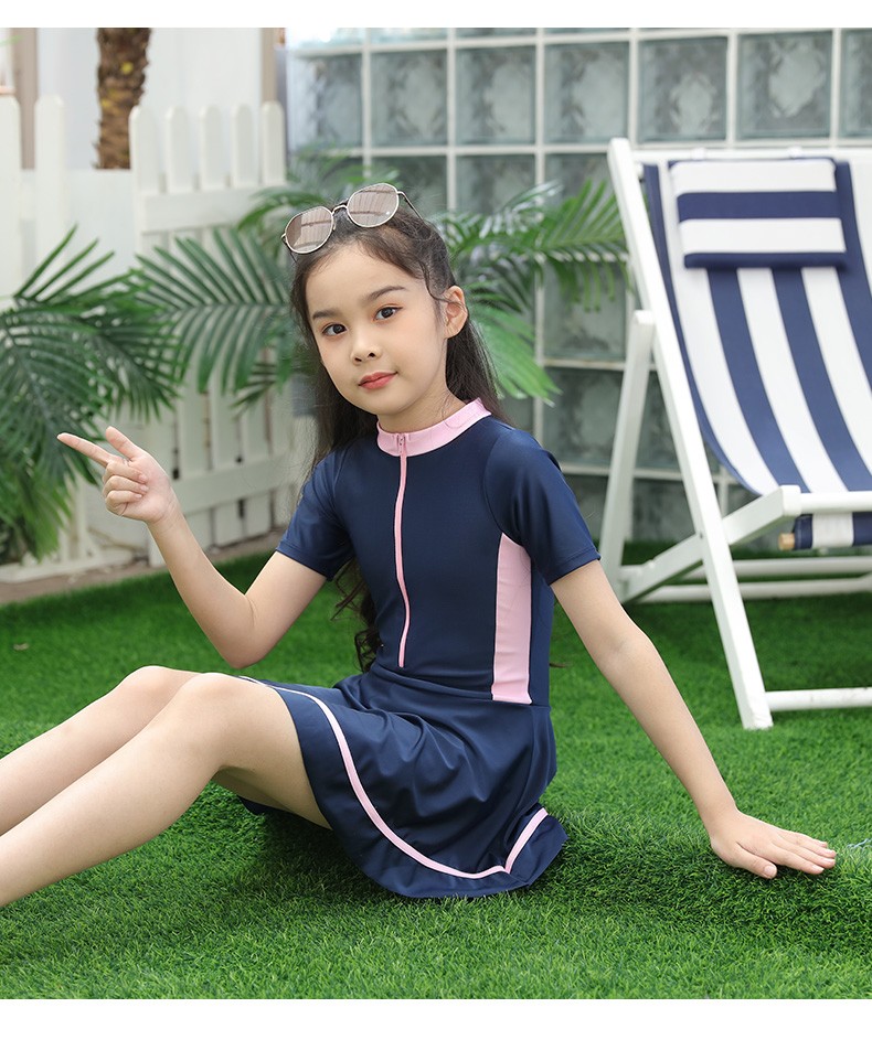 浪莎儿童泳衣女孩宝宝游泳衣中大童公主女童韩国裙式防晒连体泳装蓝色